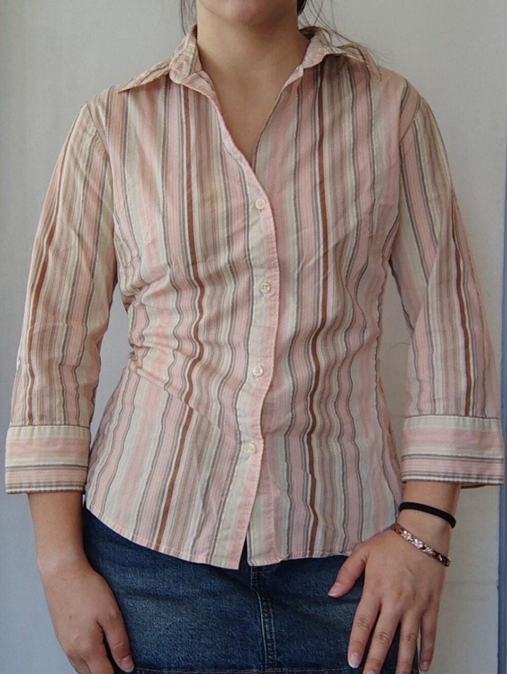 Y2K pink, beige, and brown striped button up blouse with 3/4 sleeves